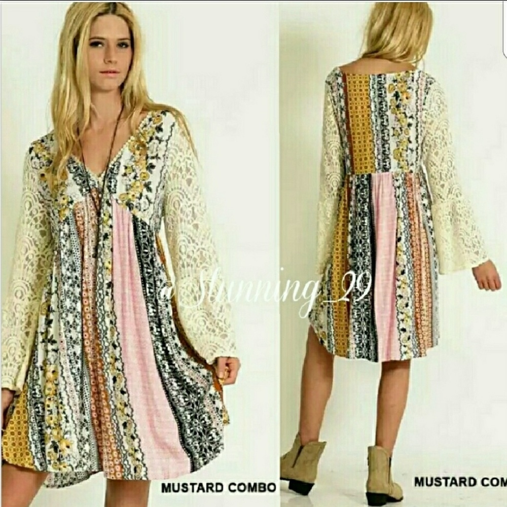 🆕BOHO CROCHET BELL SLEEVE PRINTED DRESS